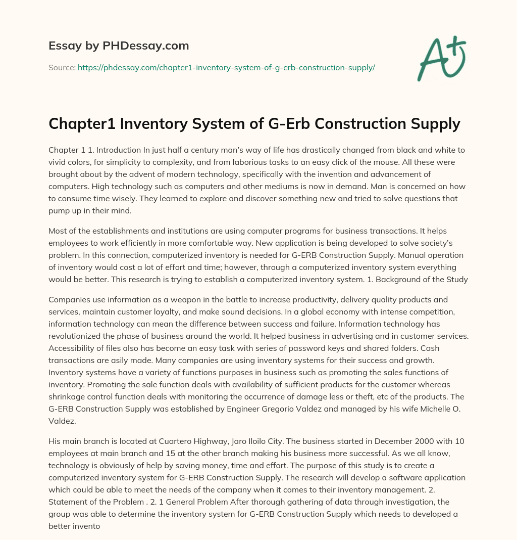 Chapter1 Inventory System of G-Erb Construction Supply essay