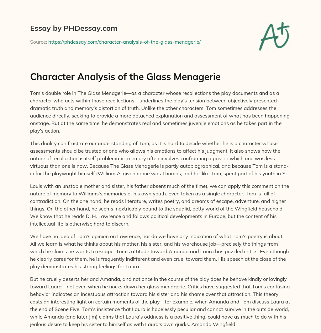 Character Analysis of the Glass Menagerie essay