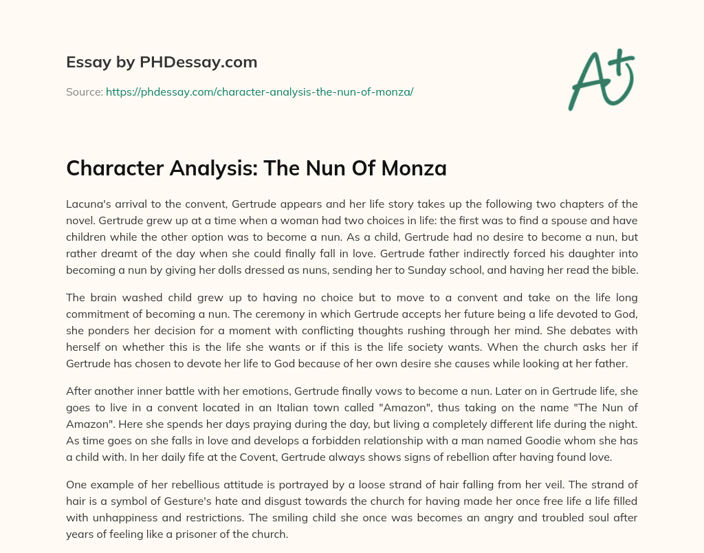 Character Analysis: The Nun Of Monza essay