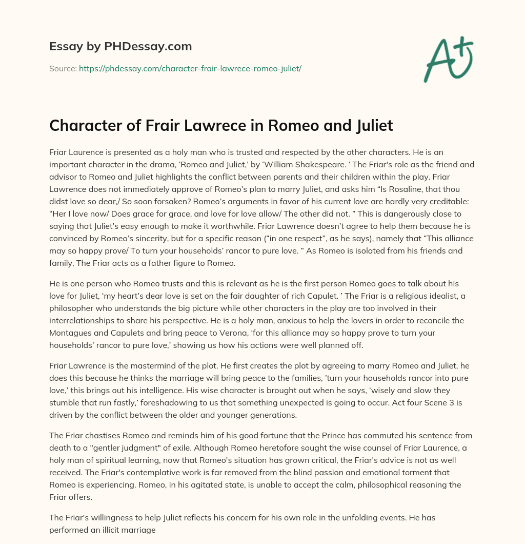 Character of Frair Lawrece in Romeo and Juliet essay