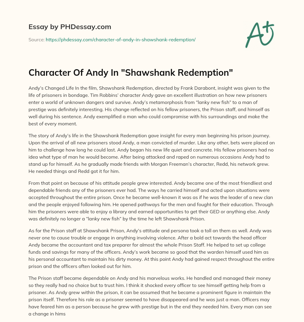 Character Of Andy In “Shawshank Redemption” essay