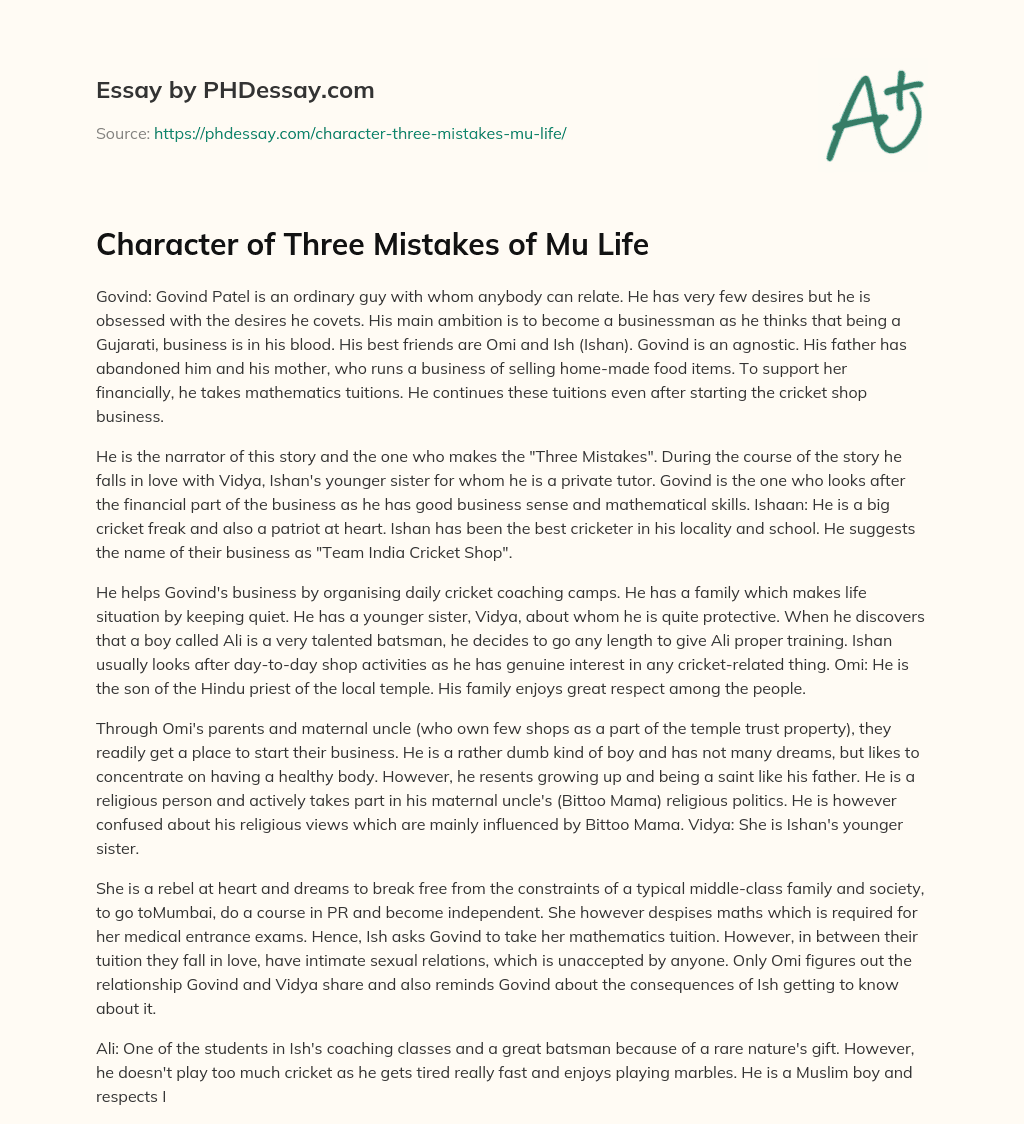 Character of Three Mistakes of Mu Life essay