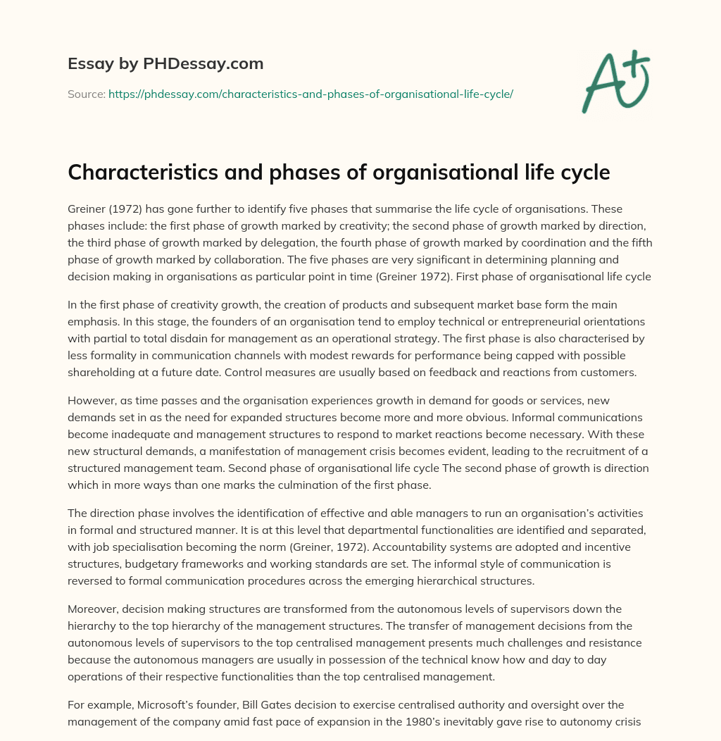 Characteristics and phases of organisational life cycle essay