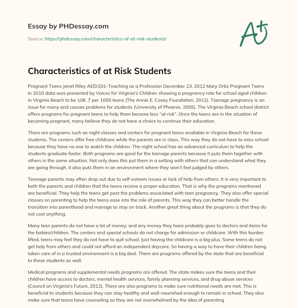 Characteristics of at Risk Students essay
