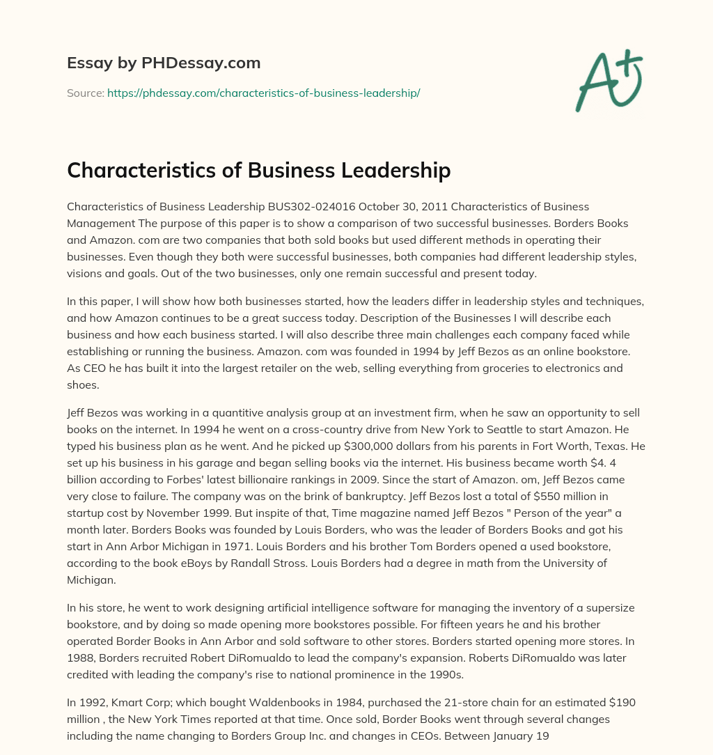 Characteristics of Business Leadership essay