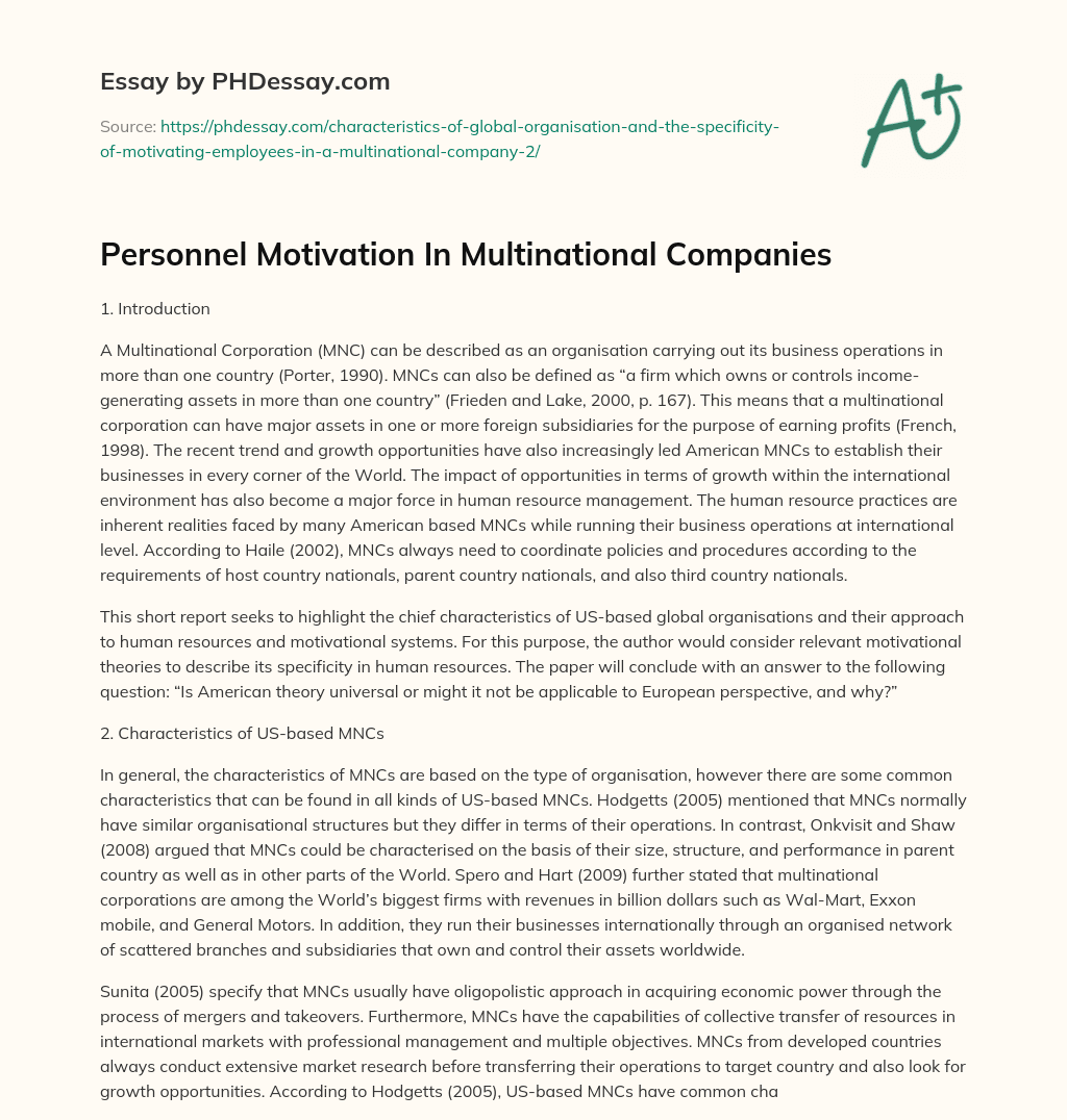 Personnel Motivation In Multinational Companies essay