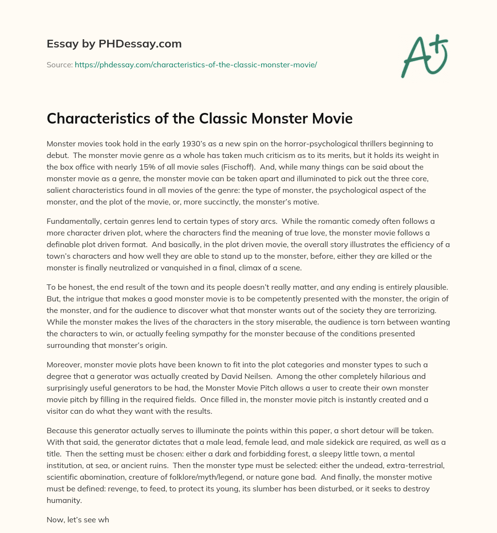 Characteristics of the Classic Monster Movie essay