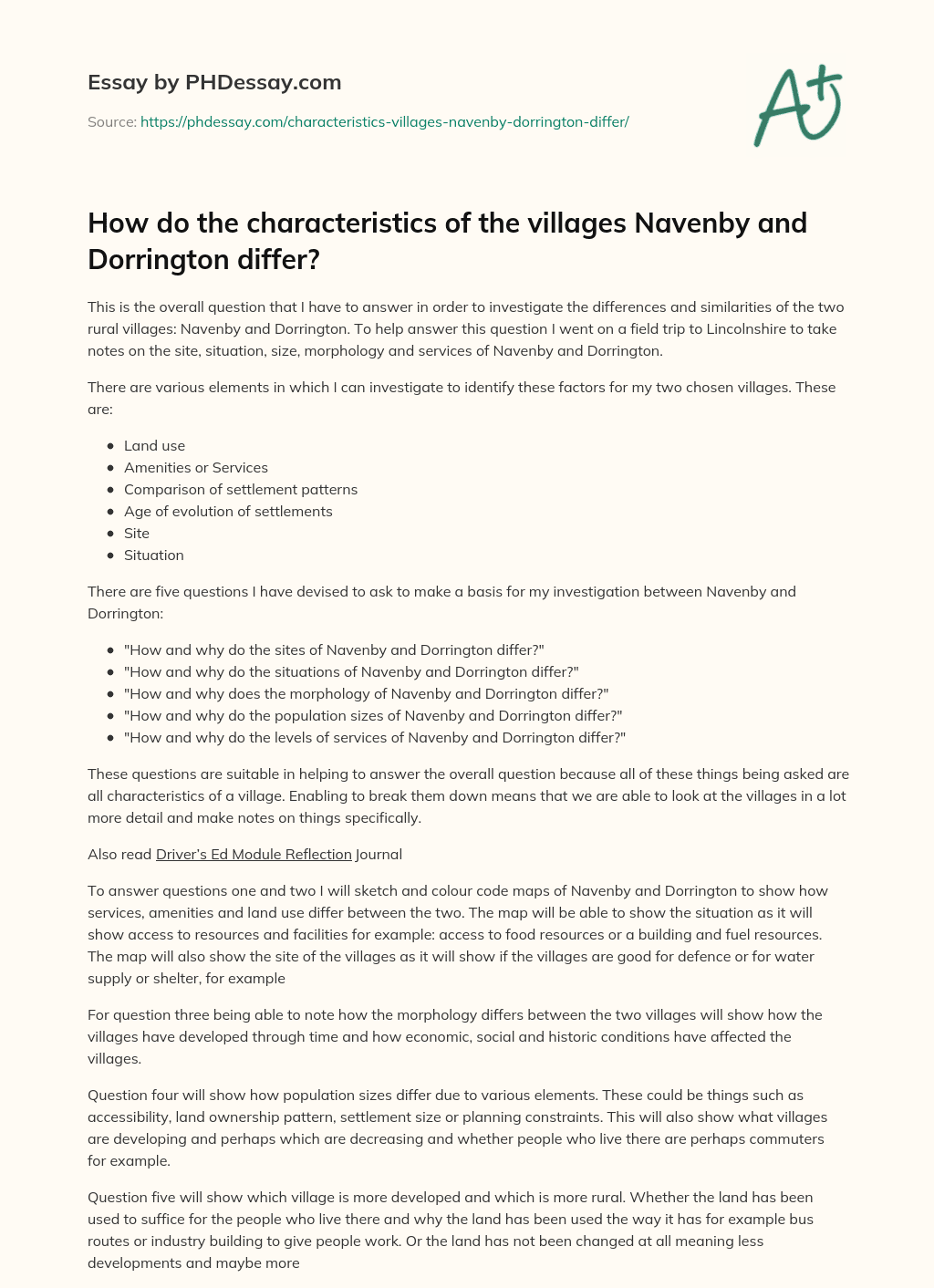 How do the characteristics of the villages Navenby and Dorrington differ? essay
