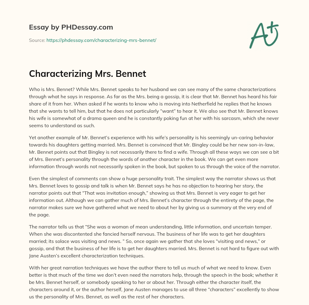 Characterizing Mrs. Bennet essay