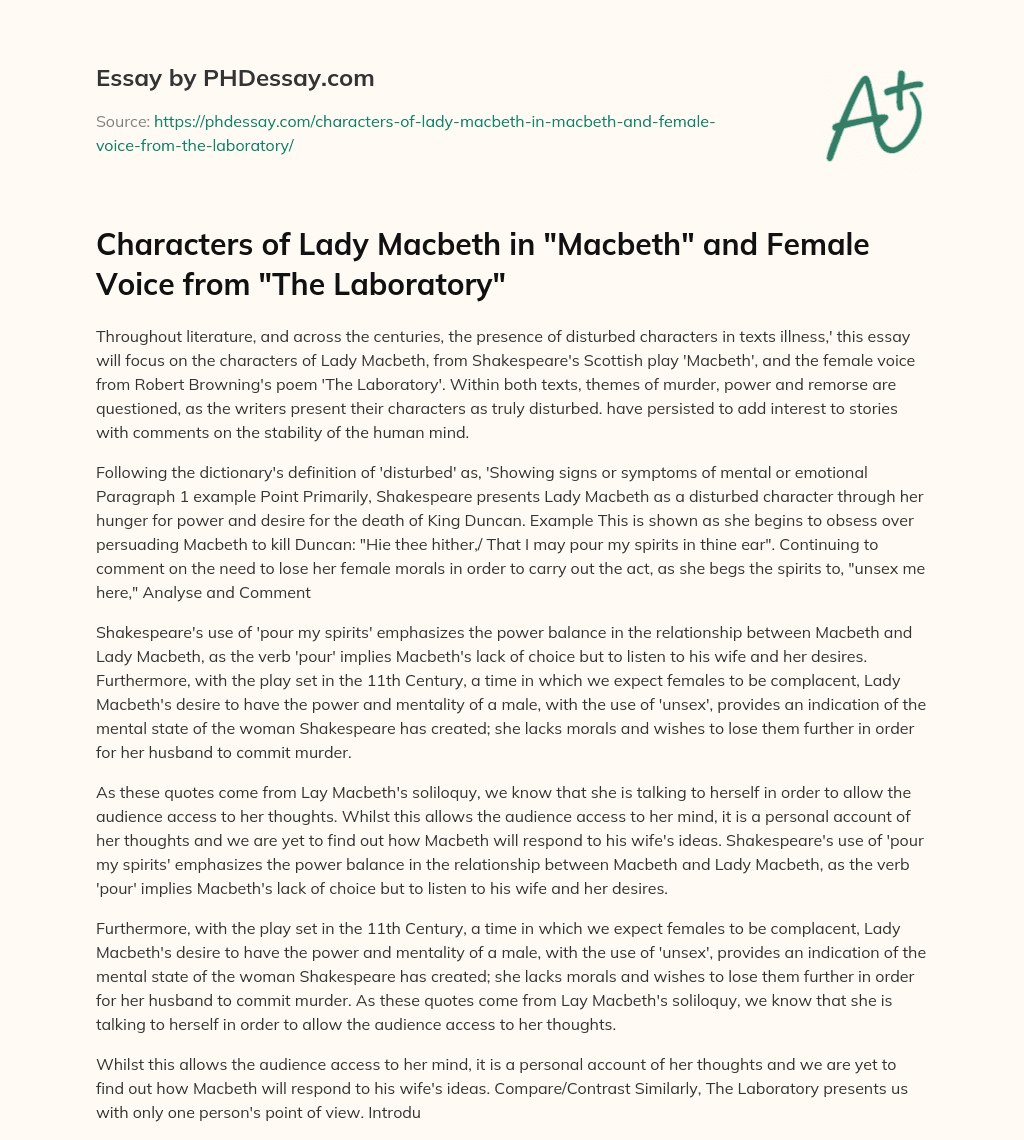 Characters of Lady Macbeth in “Macbeth” and Female Voice from “The Laboratory” essay