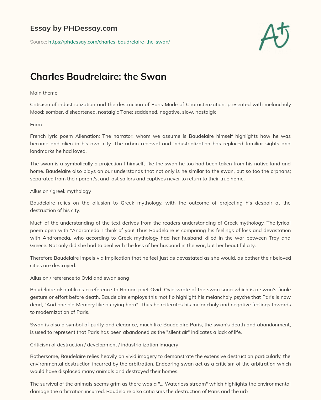 Charles Baudrelaire: the Swan essay