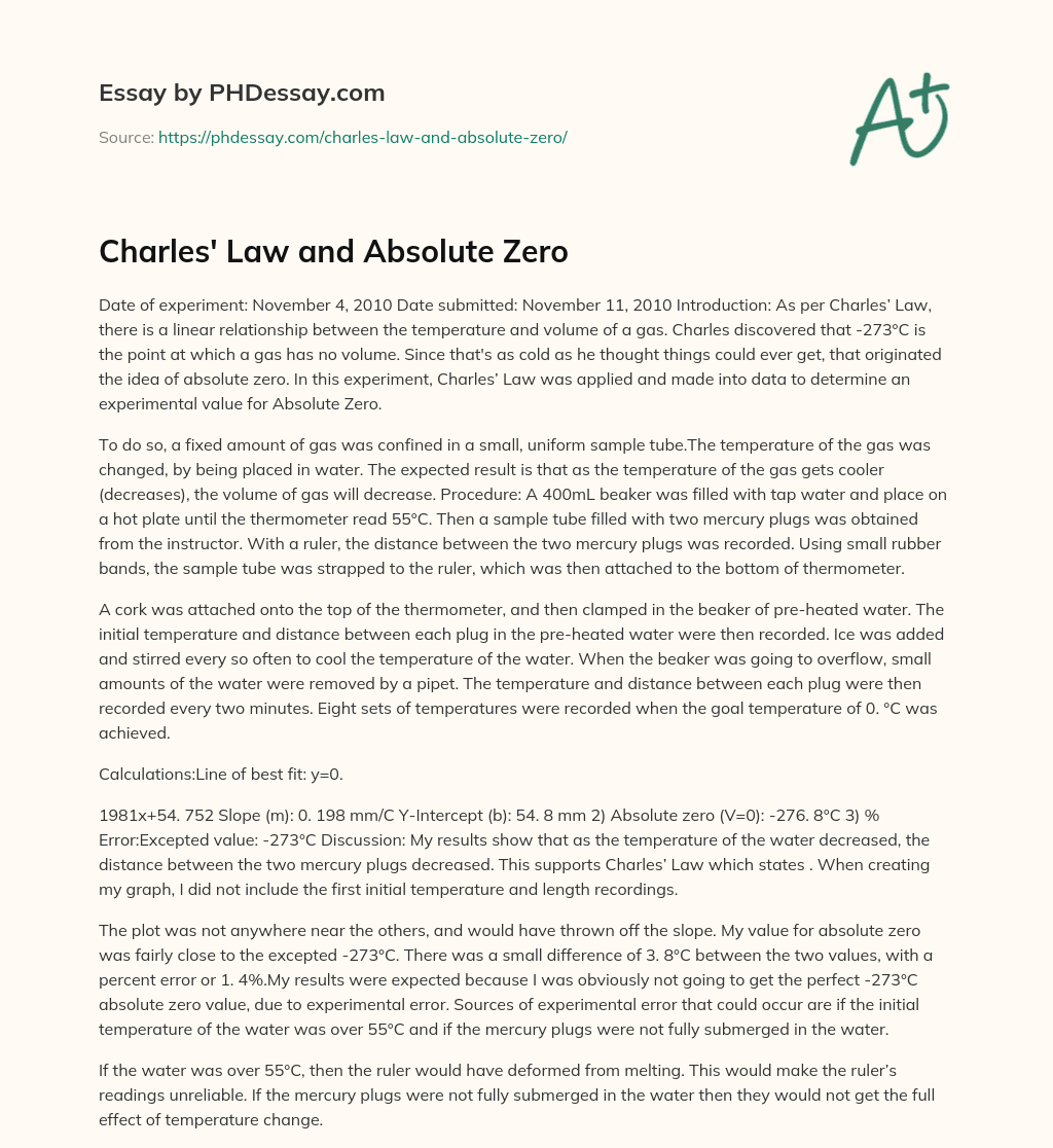 Charles’ Law and Absolute Zero essay