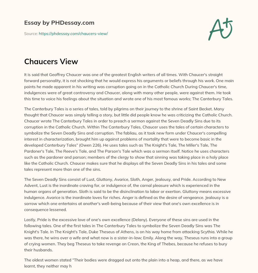 Chaucer’s Criticism of the Catholic Church in The Canterbury Tales essay