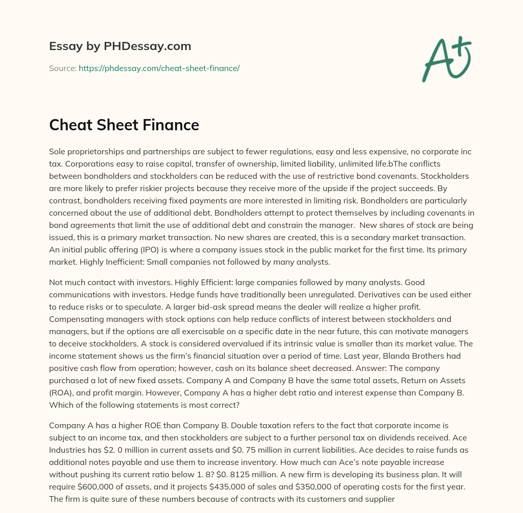 Cheat Sheet Finance essay