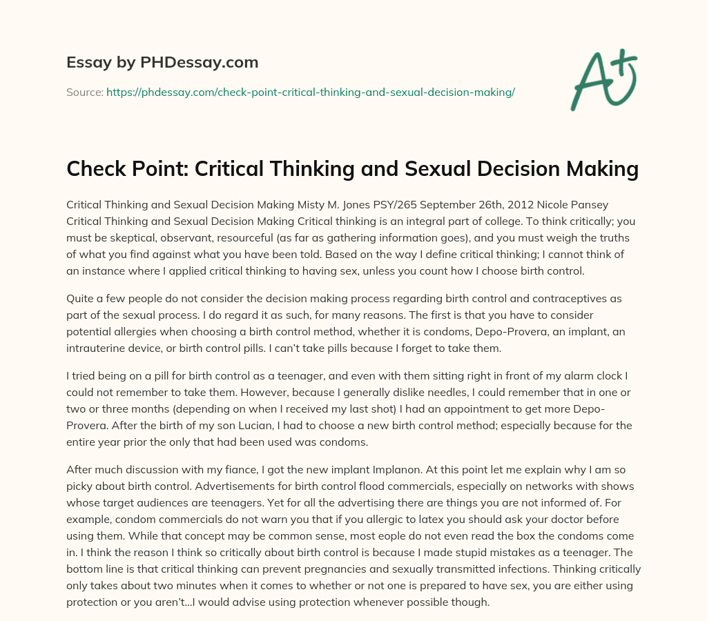 Check Point: Critical Thinking and Sexual Decision Making essay