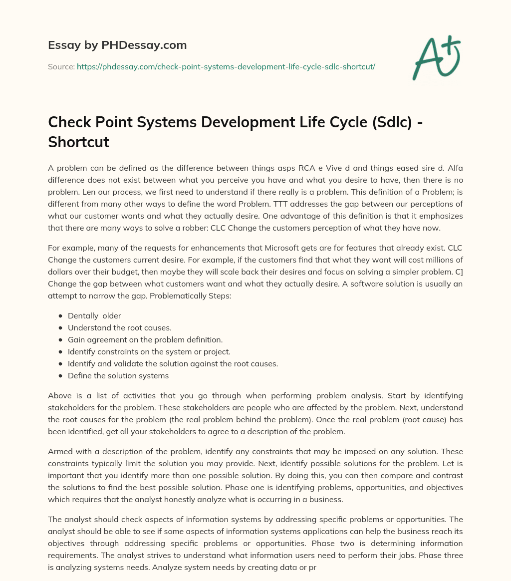 Check Point Systems Development Life Cycle (Sdlc) – Shortcut essay