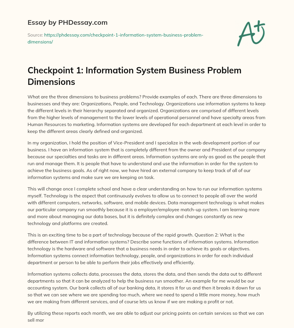 Checkpoint 1: Information System Business Problem Dimensions essay