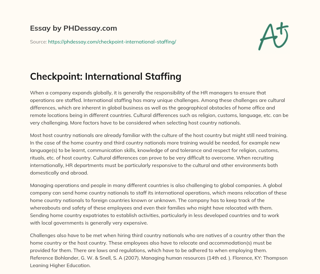 Checkpoint: International Staffing essay