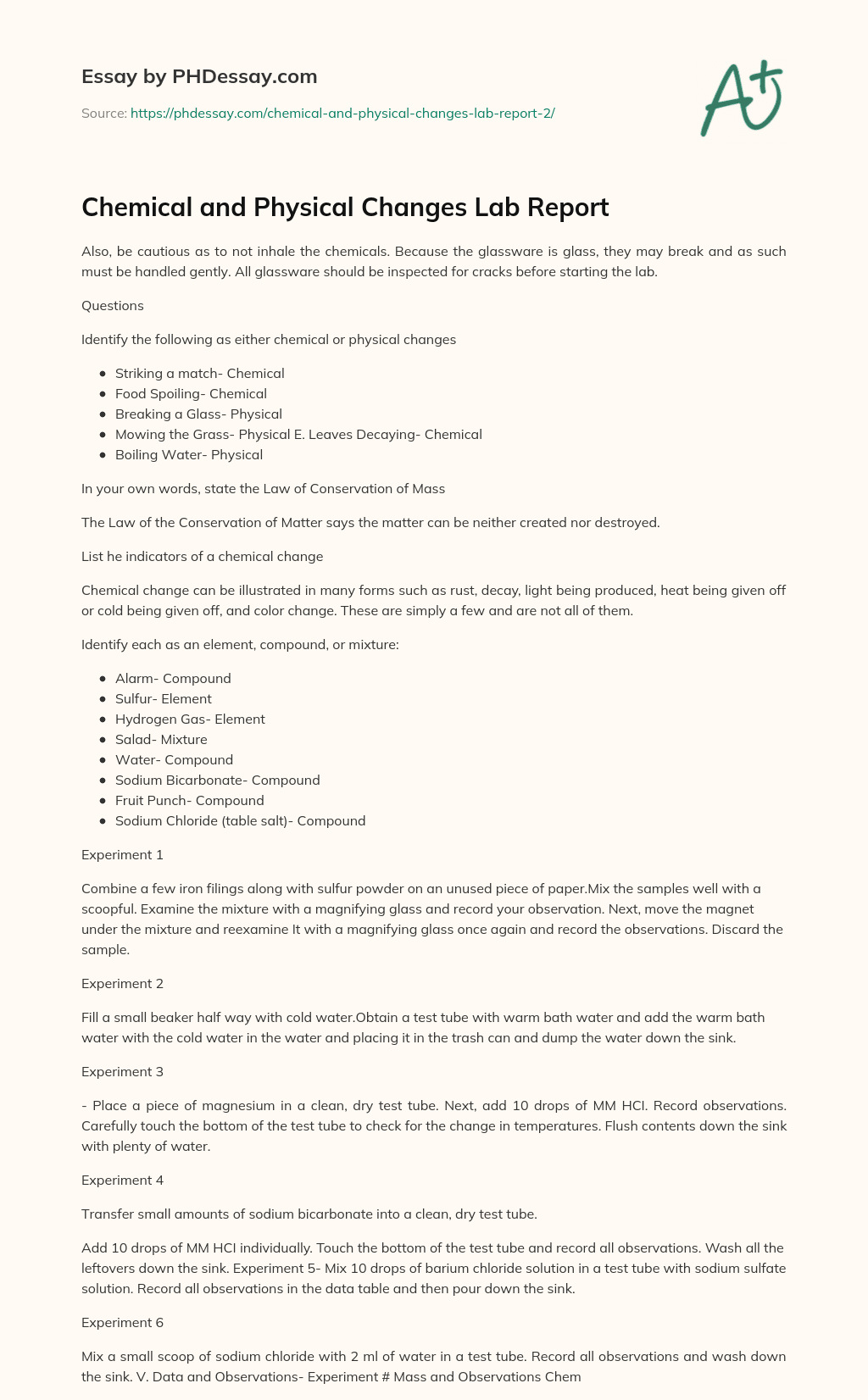 Chemical And Physical Changes Lab Report PHDessay