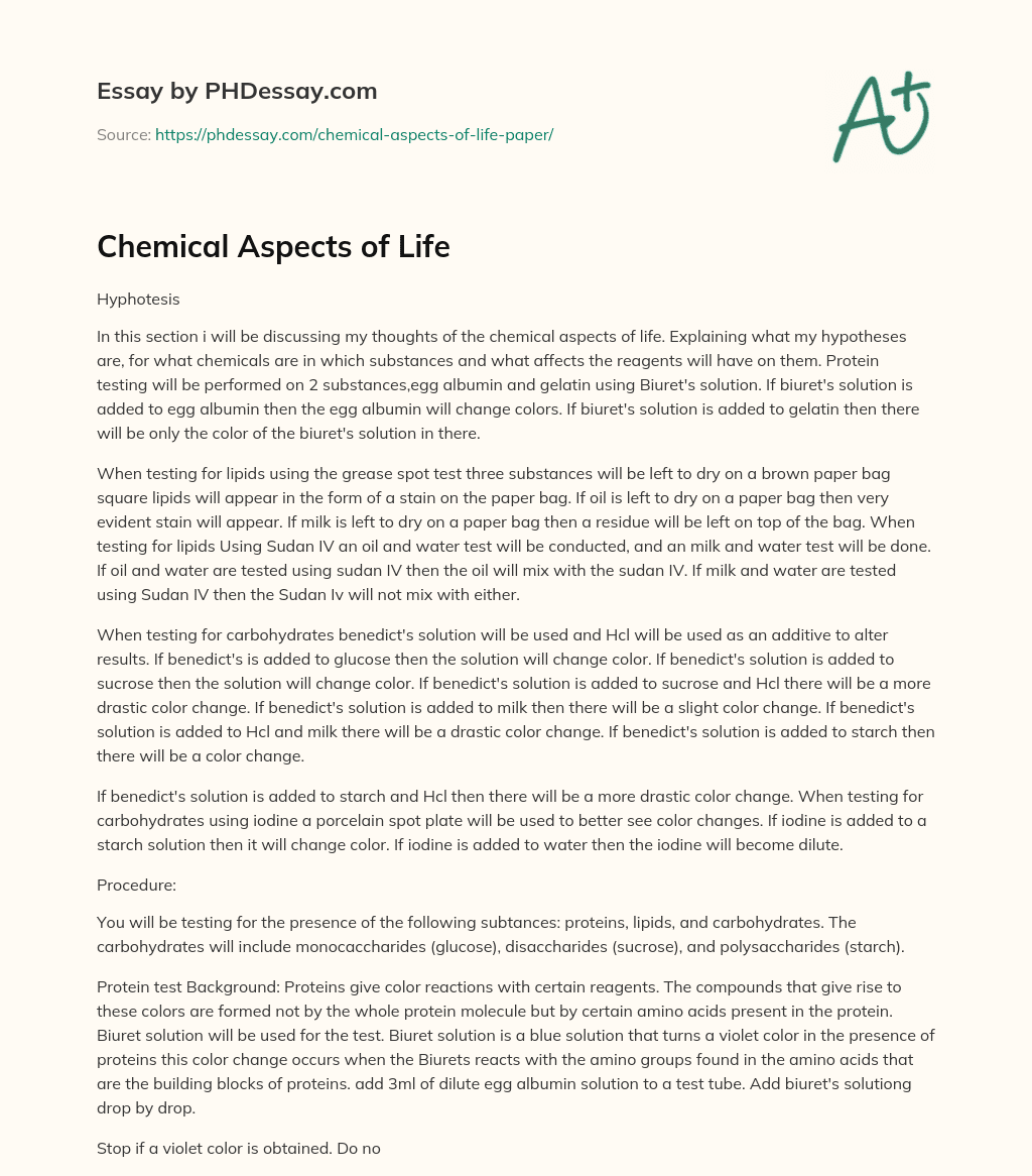 Chemical Aspects of Life essay