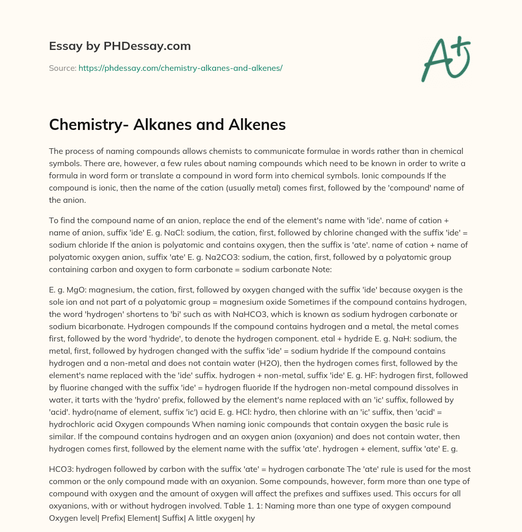 Chemistry- Alkanes and Alkenes essay