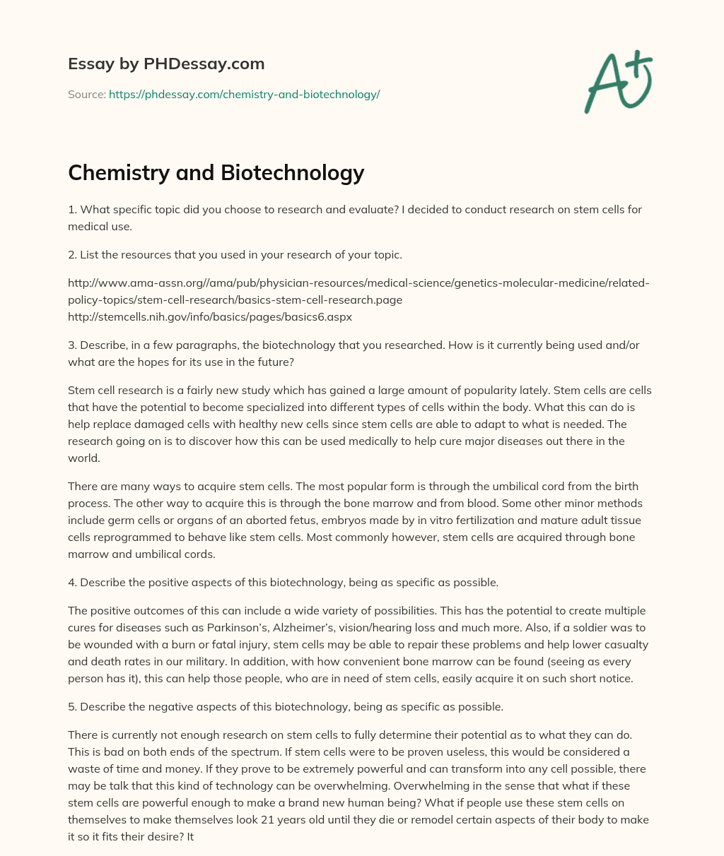 Chemistry and Biotechnology essay