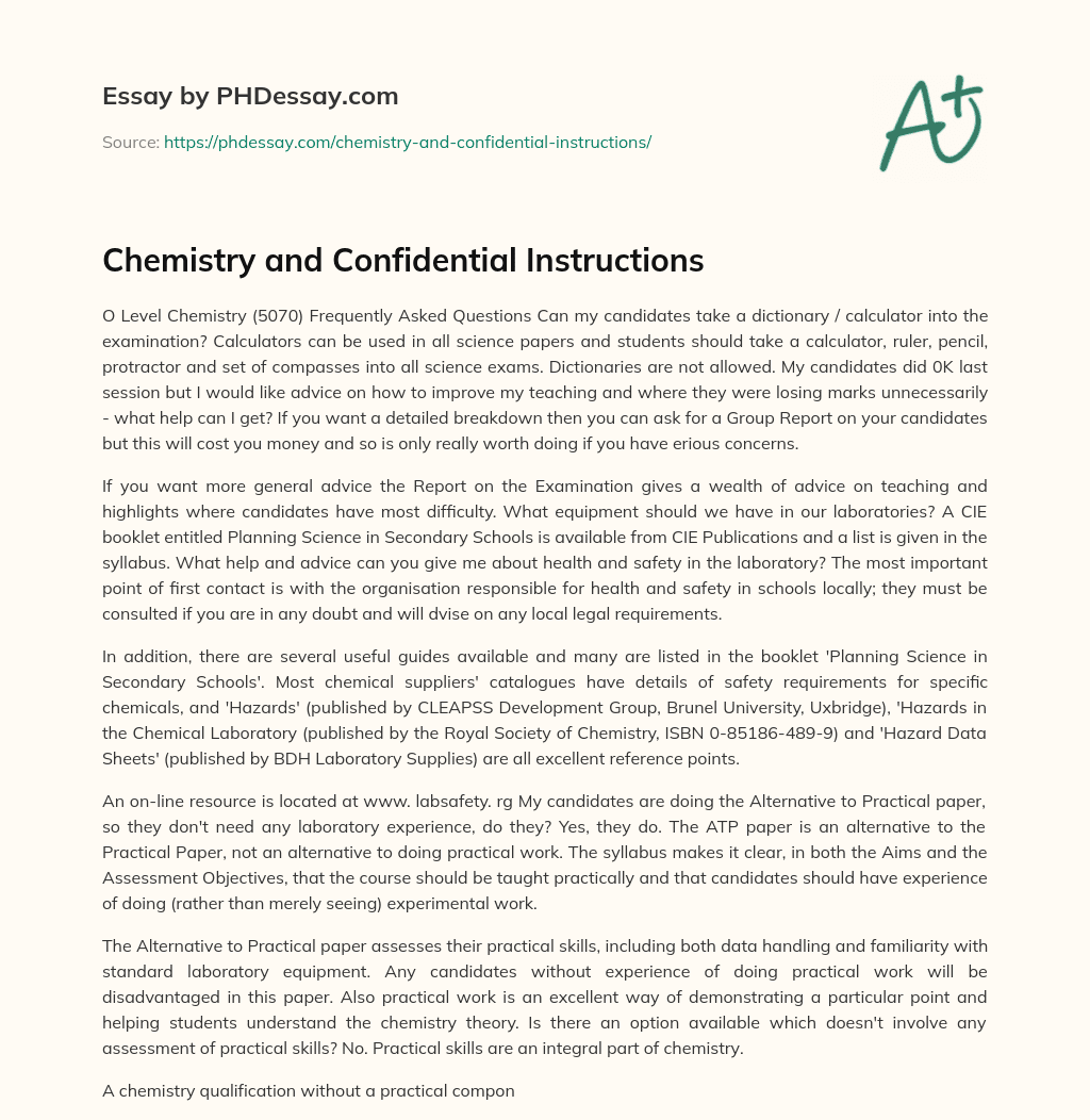 Chemistry and Confidential Instructions essay