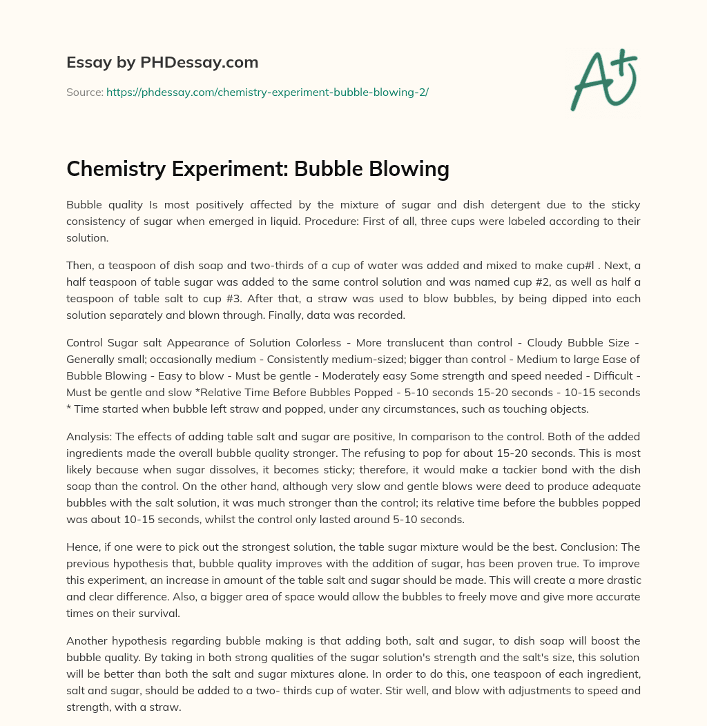 Chemistry Experiment: Bubble Blowing essay