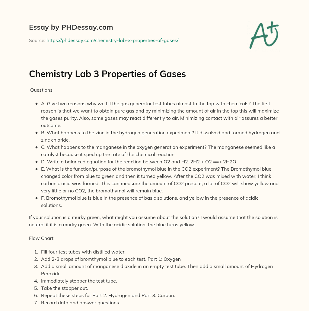 Chemistry Lab 3 Properties of Gases (300 Words)