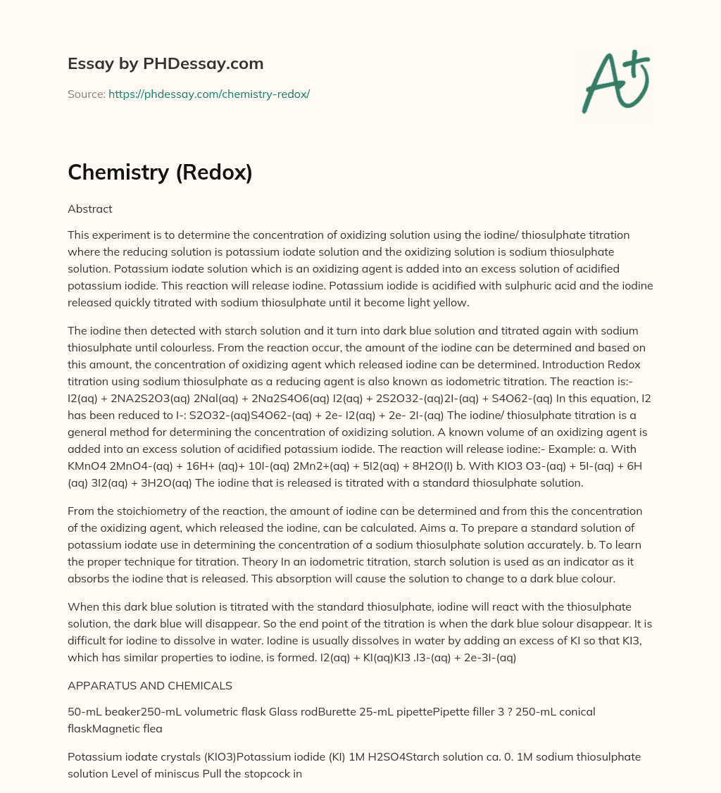 Chemistry (Redox) essay
