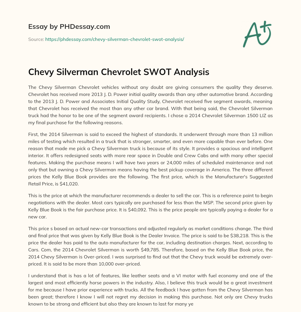 Chevy Silverman Chevrolet SWOT Analysis essay