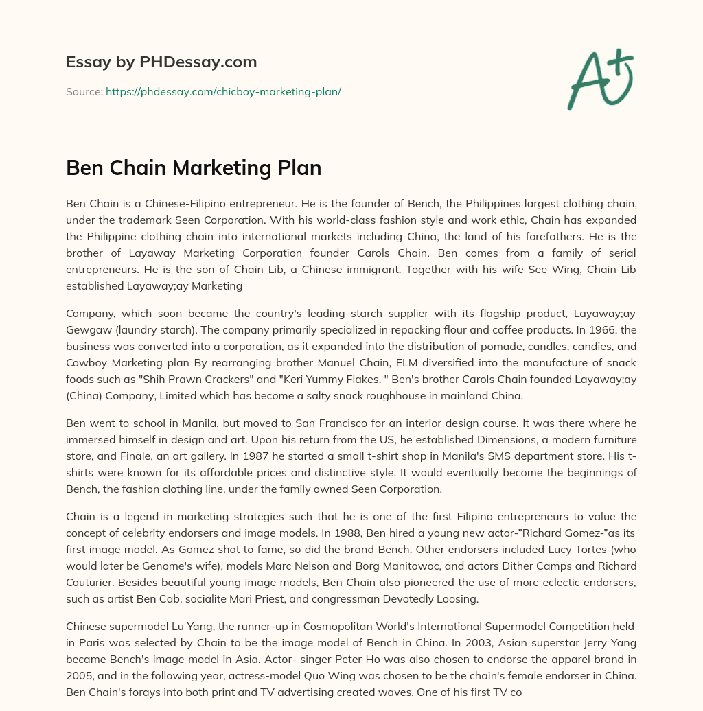 Ben Chain Marketing Plan essay