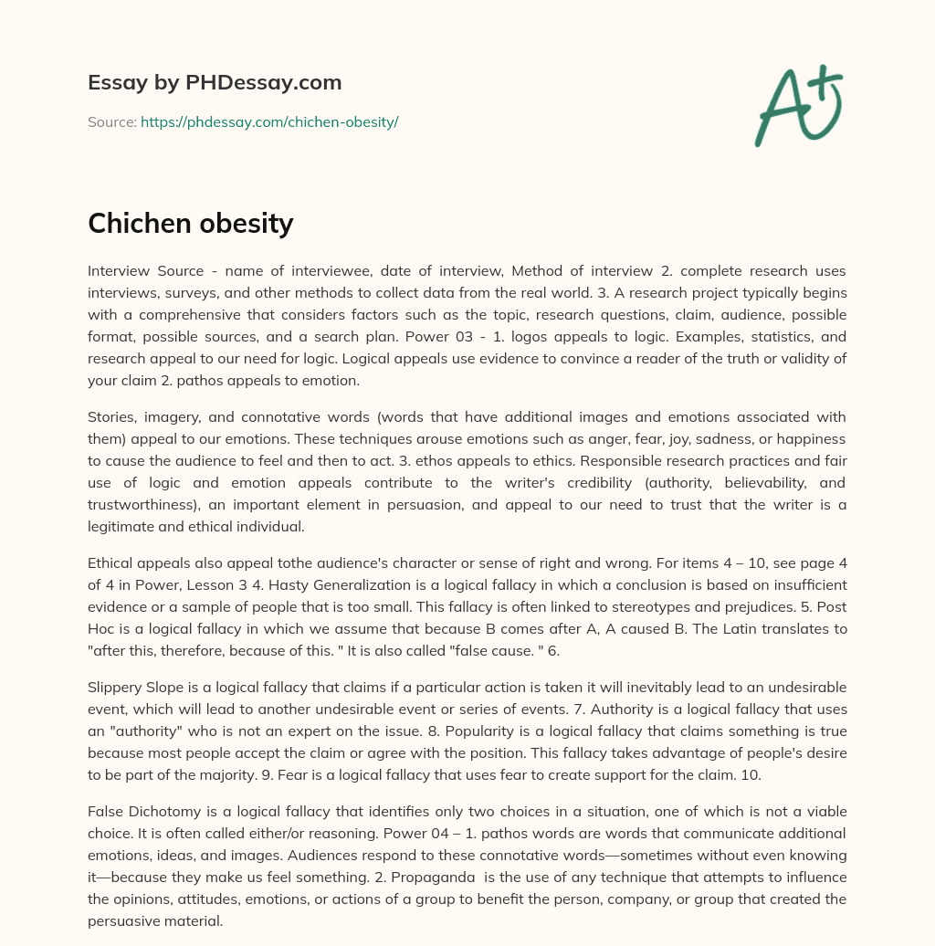 Chichen obesity essay