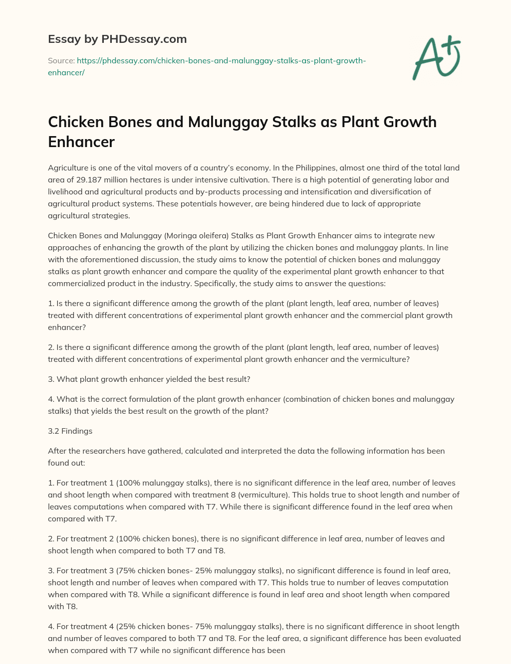 Chicken Bones and Malunggay Stalks as Plant Growth Enhancer essay