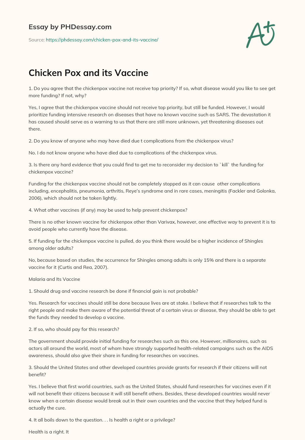 Chicken Pox and its Vaccine essay