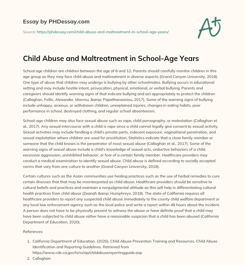 Child Abuse and Maltreatment in School-Age Years essay