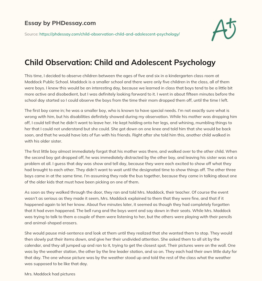 Child Observation: Child and Adolescent Psychology essay