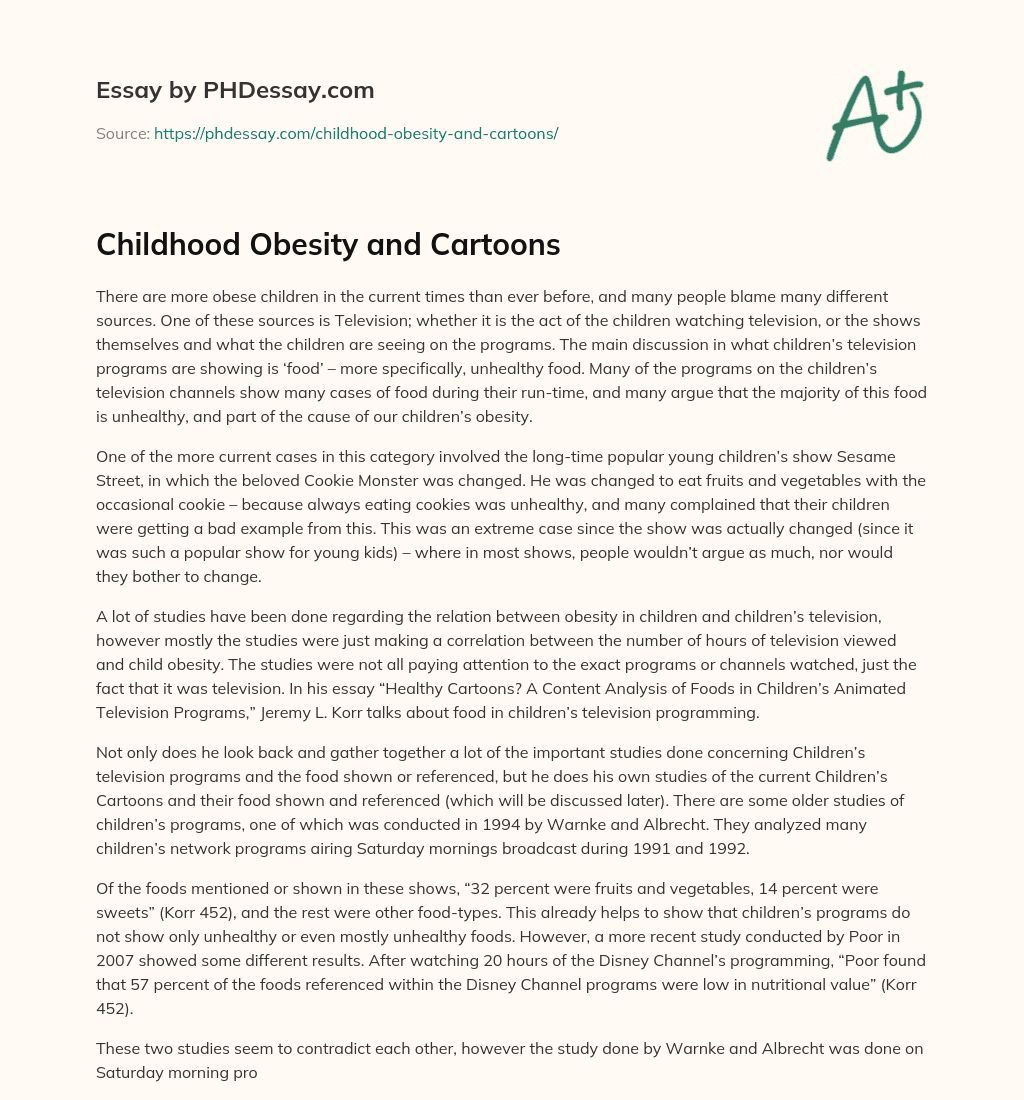 Childhood Obesity and Cartoons essay