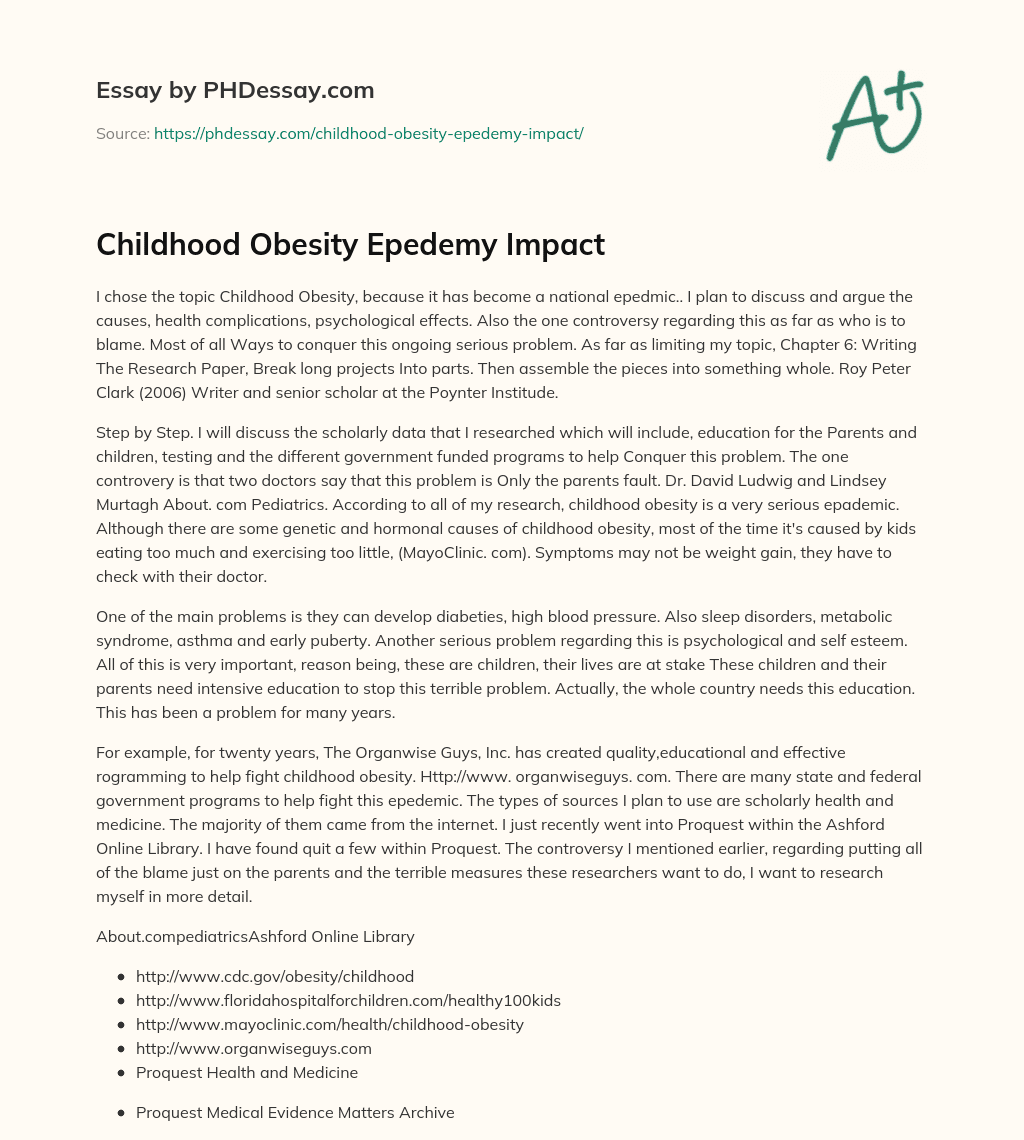 Childhood Obesity Epedemy Impact essay