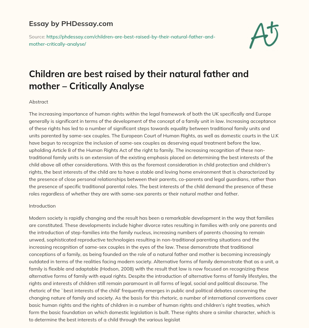 Children are best raised by their natural father and mother – Critically Analyse essay