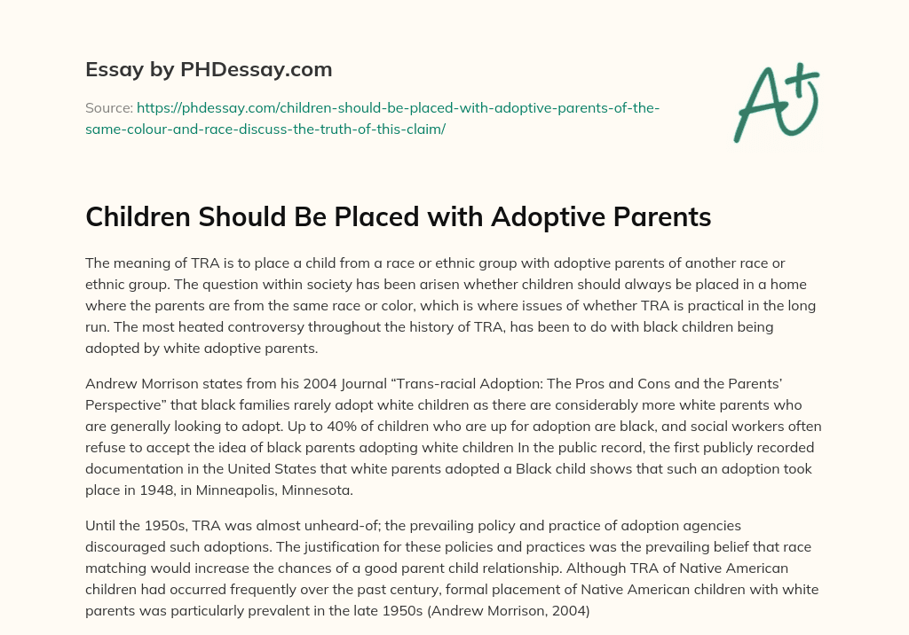 Children Should Be Placed with Adoptive Parents essay