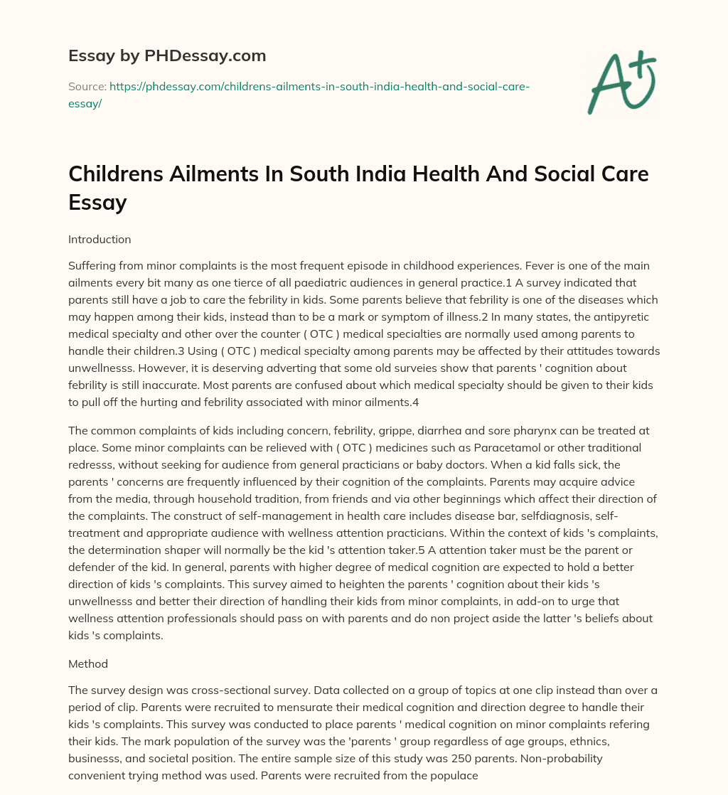 Childrens Ailments In South India Health And Social Care Essay essay