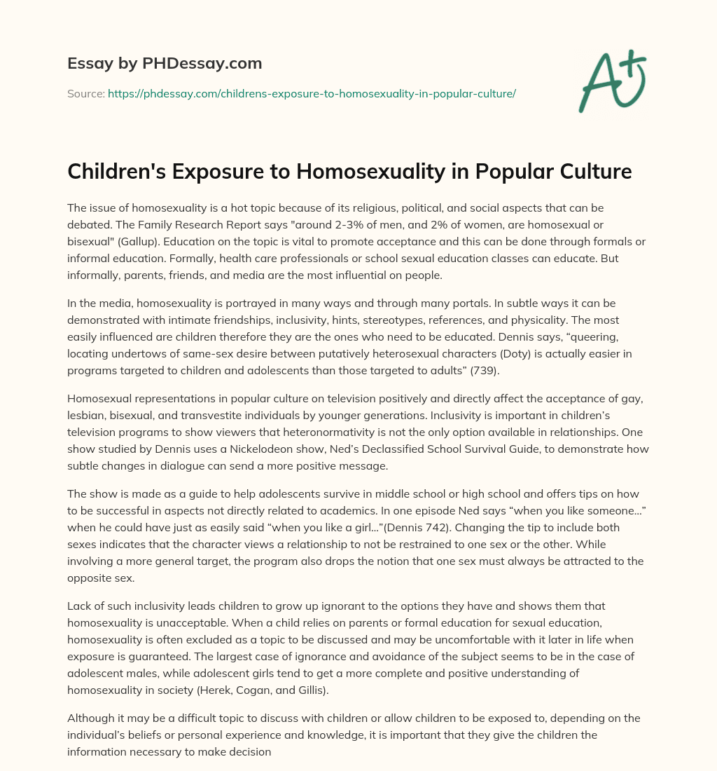 Children’s Exposure to Homosexuality in Popular Culture essay