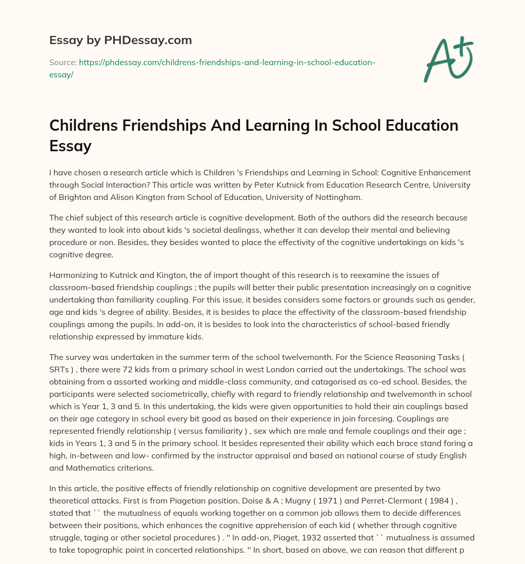 Childrens Friendships And Learning In School Education Essay essay
