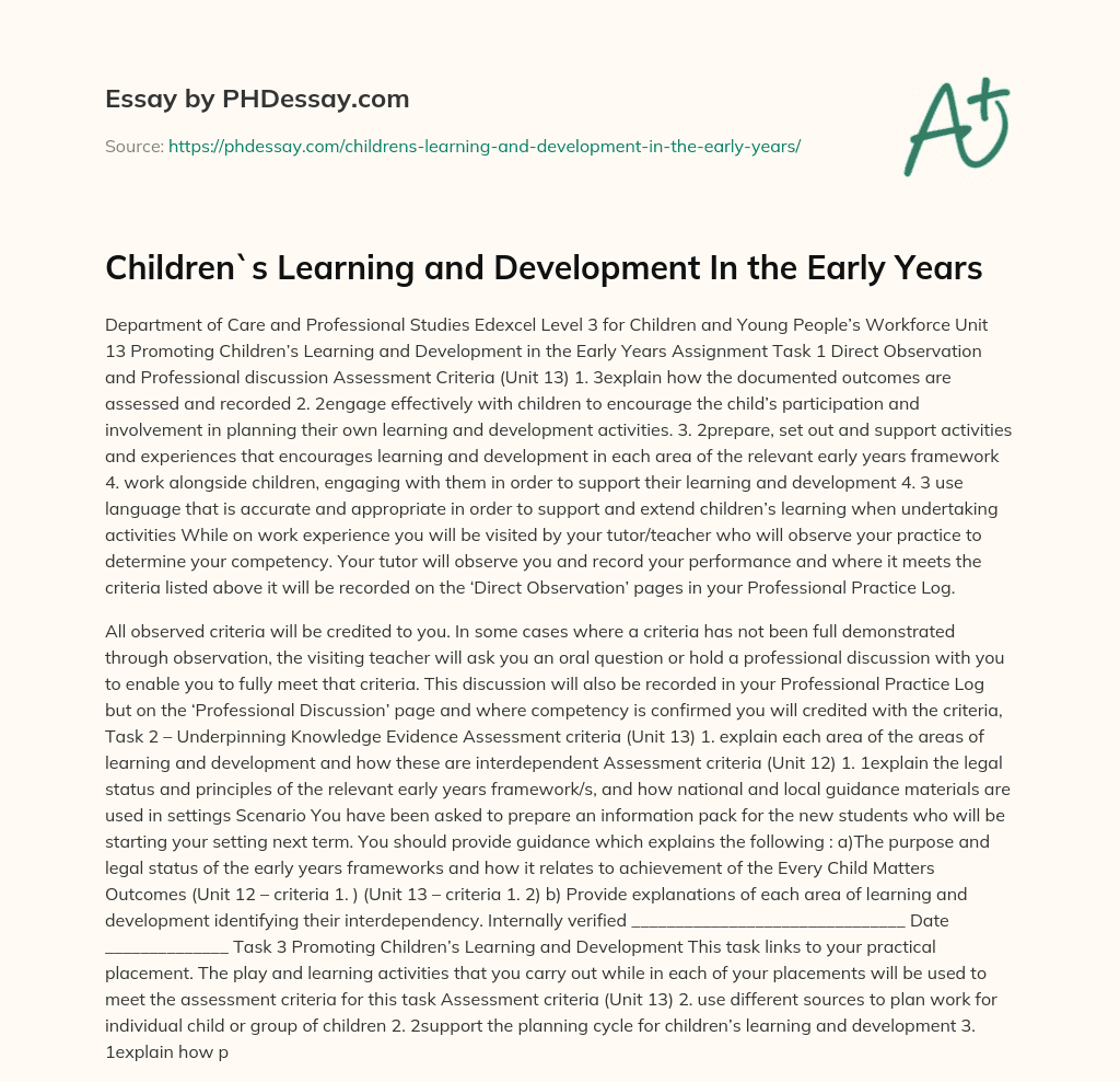 Children`s Learning and Development In the Early Years essay