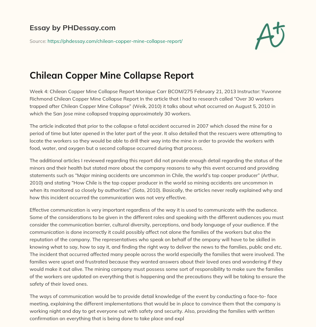 Chilean Copper Mine Collapse Report essay