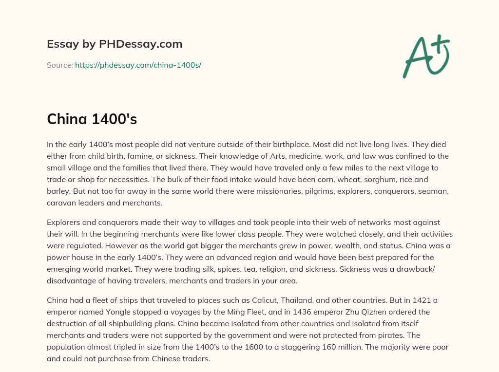 China 1400's (300 Words) - PHDessay.com