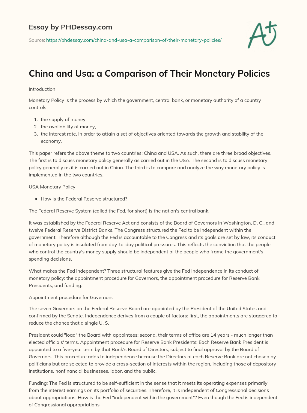 China and Usa: a Comparison of Their Monetary Policies essay