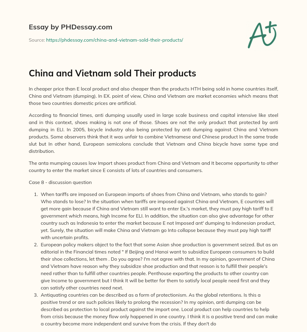 China and Vietnam sold Their products essay