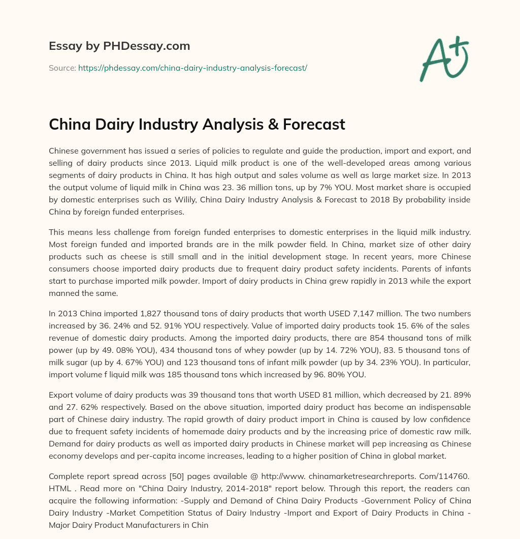 China Dairy Industry Analysis & Forecast essay